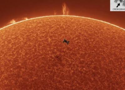 تصویر روز ناسا: ایستگاه فضایی، خورشید و زبانه های آن، عکس